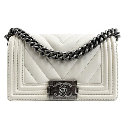 Chanel Boy Flap Chevron Quilted White Shoulder Bag Mini
