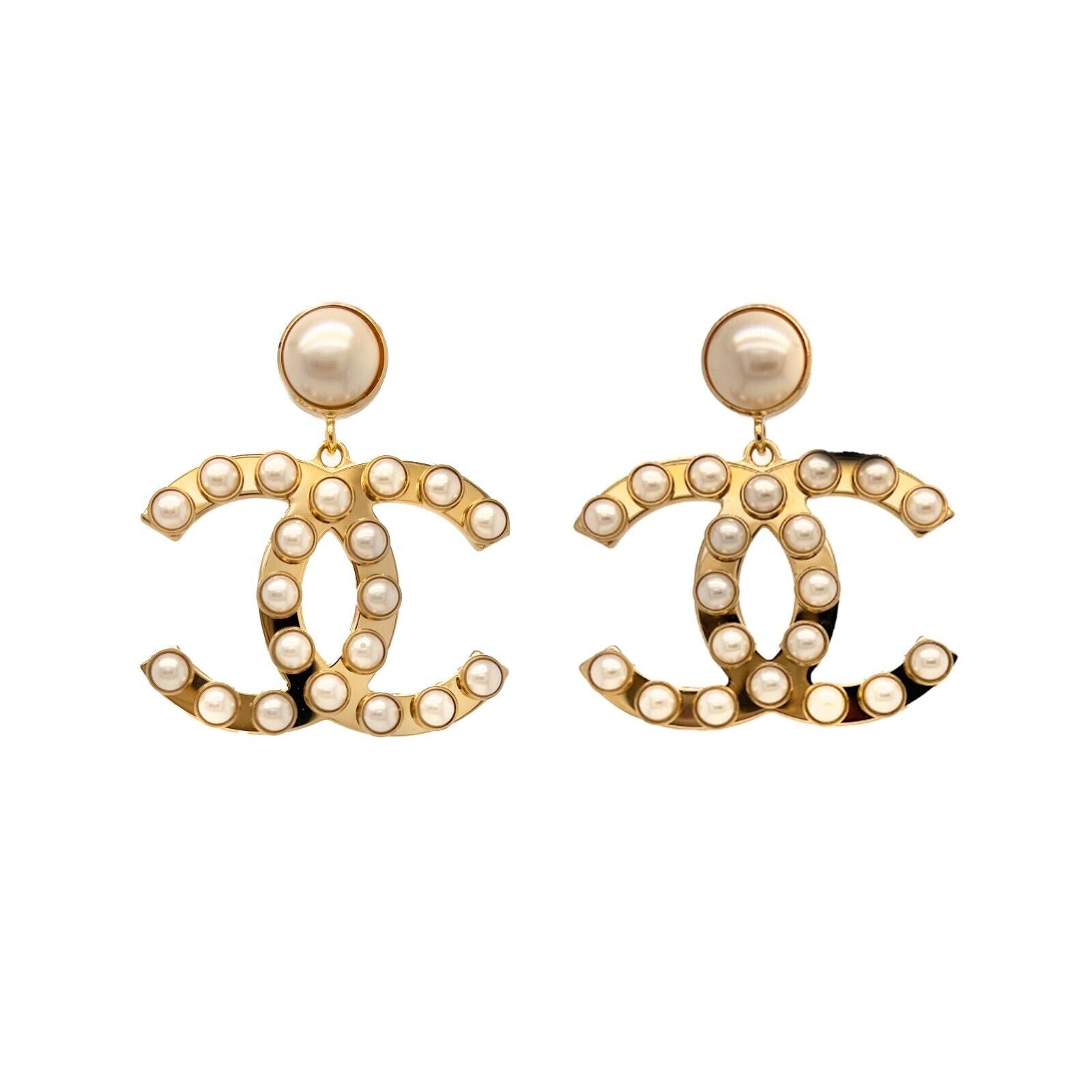 Chanel - A21 S Dangle Drop Pearl CC Logo - Gold Earrings