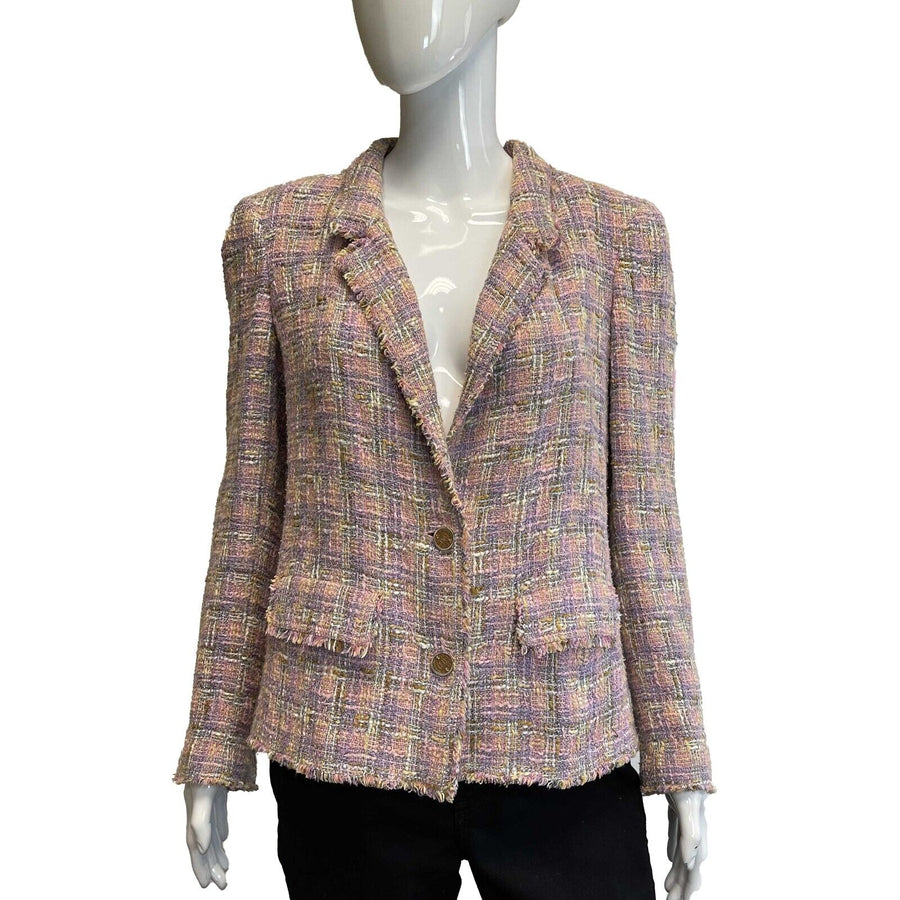 Chanel Spring 05 Tweed Trim Fringe CC Buttons 46 US 14 Pink Plaid Jacket Blazer