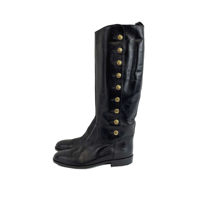 CHANEL - VINTAGE 9 CC Gold Buttons Black and Gold Leather Boots - 37 US 6.5