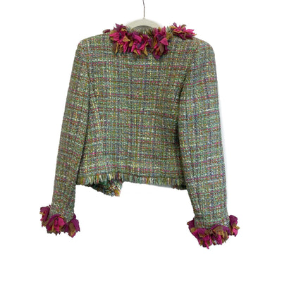 CHANEL - Tweed Jacket Ripped Flower Trim Fringe - Mint Green FR 38 US 6