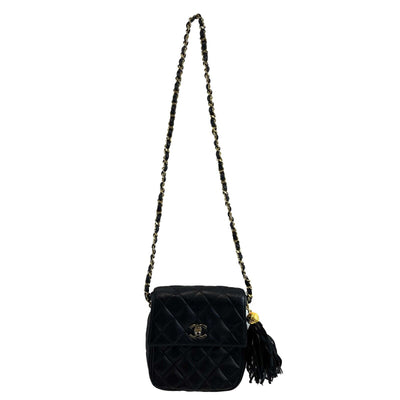 Chanel Small Square Flap Leather Vintage Gold CC Tassel Black Crossbody Handbag