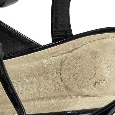 Chanel Black Camellia Flower Accent T Strap Patent Leather Sandals 37 US 7