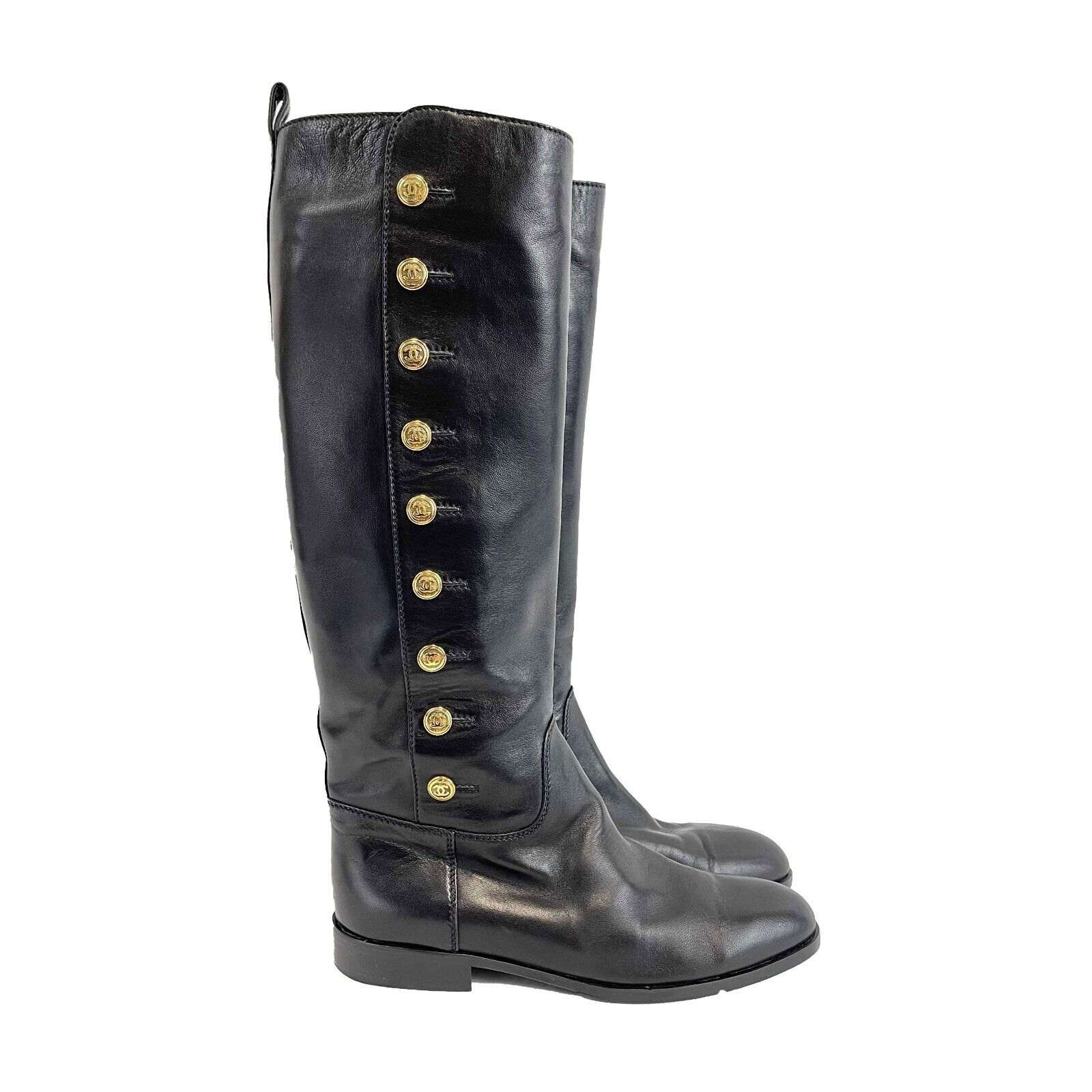 CHANEL - VINTAGE 9 CC Gold Buttons Black and Gold Leather Boots