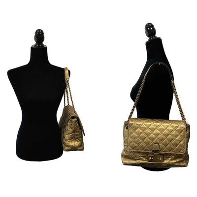 Marc Jacobs Excellent Metallic Gold Quilted Leather Flap Shoulder Bag Handbag