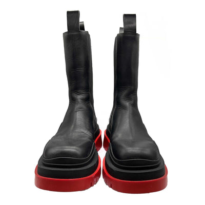 Bottega Veneta Leather Chelsea Red-Sole Tire Combat Boots Black Red 36 US 6