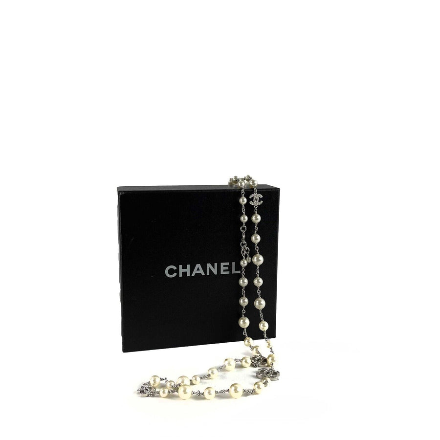 Chanel 10A CC Charm Faux Pearl Crystal Long Silver Necklace