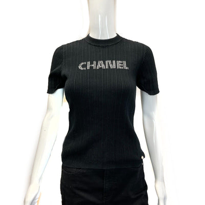 Chanel 21P RUNWAY Short Sleeve Knit Black White Top FR 38 US 4