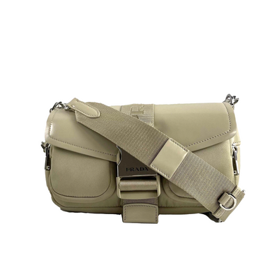 PRADA Re-Nylon Tessuto Brushed Calfskin Pocket Shoulder Bag Desert Beige Great
