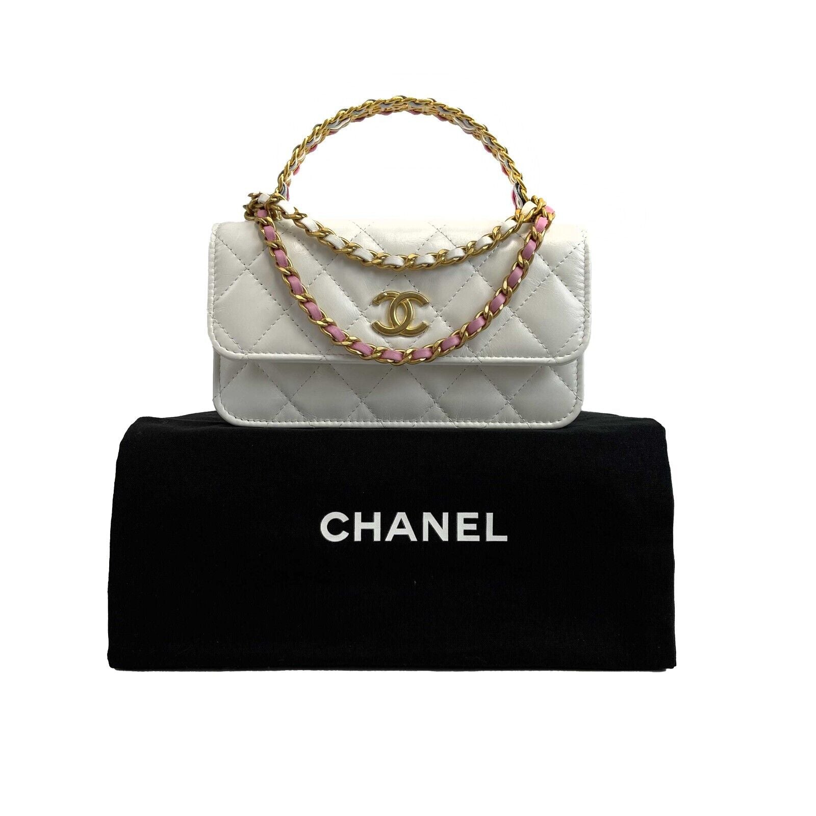 CHANEL - Phone Holder Quilted White Lambskin CC 'CHANEL' Top