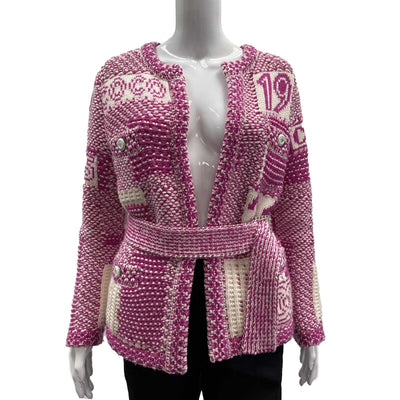 Chanel 20C Cocomark belted pink and white Cashmere knit cardigan 34 US 2 sweater