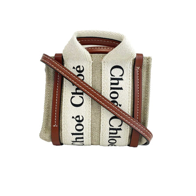 Chloe - Woody Nano Tote White Brown - Top Handle w/ Shoulder Strap