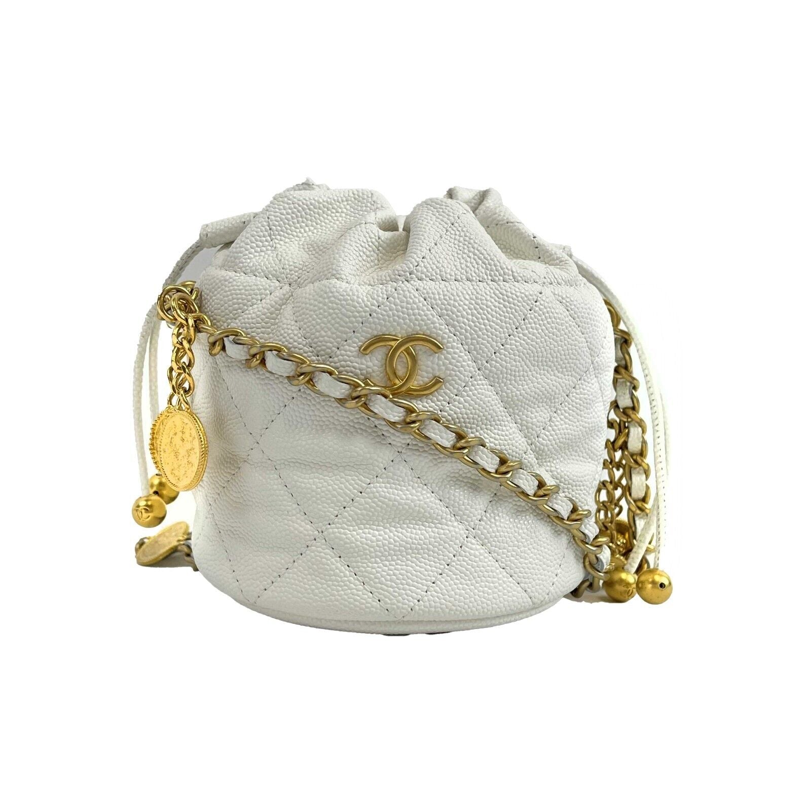 Chanel - New Mini Bucket Bag - White Caviar Leather / Gold 10 Coins CC Crossbody