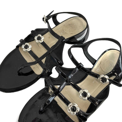 Chanel Black Camellia Flower Accent T Strap Patent Leather Sandals 37 US 7