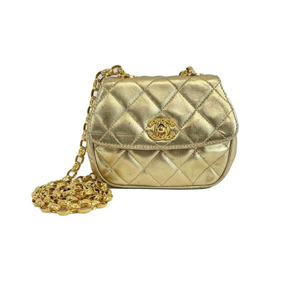 CHANEL - Mini Flap Bag Vintage Chain Metallic Gold CC Leather Quilted Crossbody