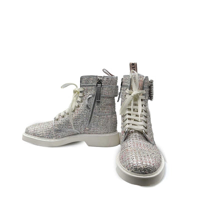Roger Vivier NIB Crystal Tweed Cream Hiking Scout Boots 37 US 7 Silver Combat