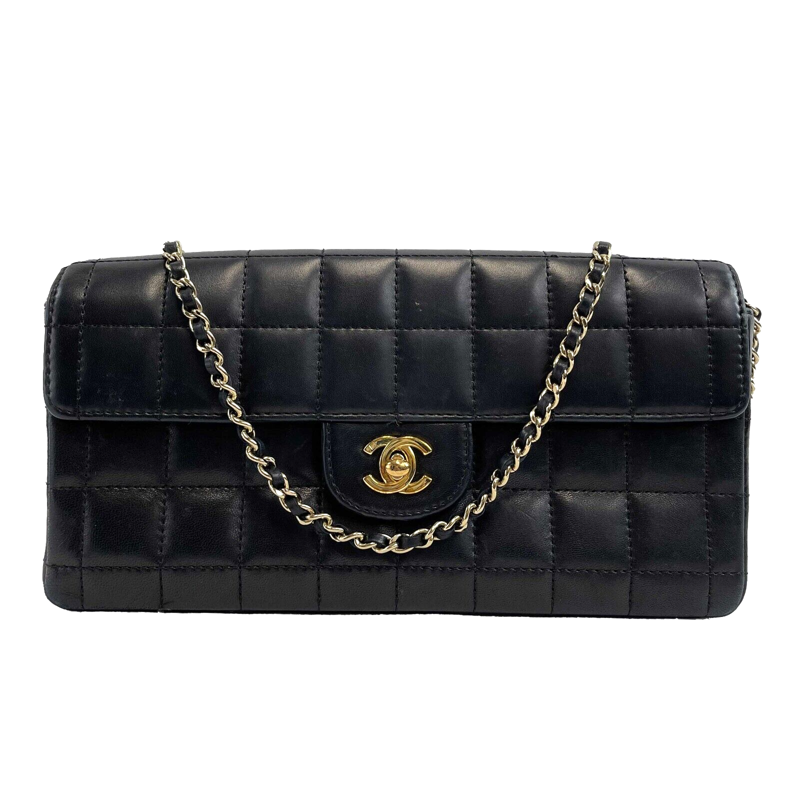 Chanel Black Vintage Chocolate Bar Bag East West Flap CC Gold Handbag