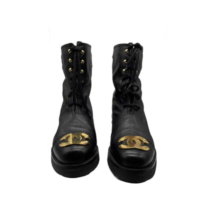 Chanel RARE Vintage Combat Boots w/Gold Plated Plaque 1990 Black FR 36 US 5.5