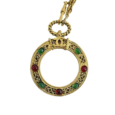 Chanel 1985 24K Plated CC Gripoix Red / Green Magnifier Glass Pendant Necklace