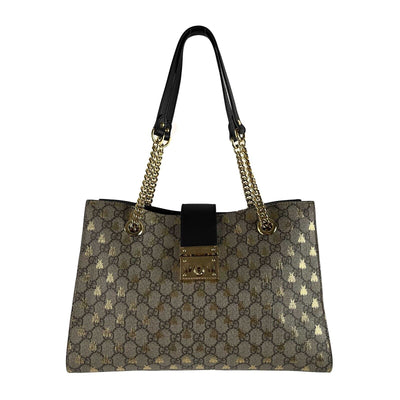 Gucci Padlock Chain Tote GG Supreme Monogram Bees Medium Brown Handbag Excellent