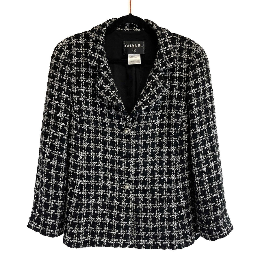 CHANEL - Black White Tweed CC Gripoix Button Jacket Size 44 US 12