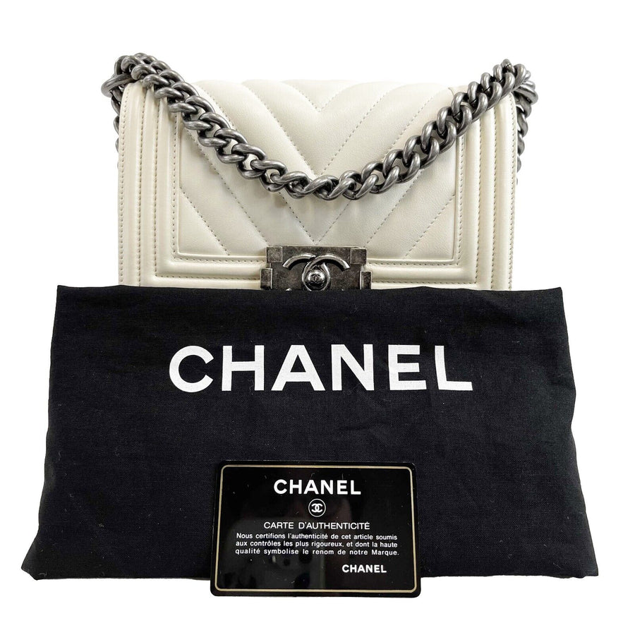 Chanel Boy Flap Chevron Quilted White Shoulder Bag Medium
