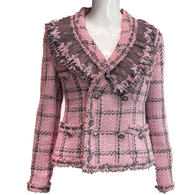 Chanel Excellent 08a Lesage Tweed Plaid Blazer Pink Fringed Jacket 42 US 10