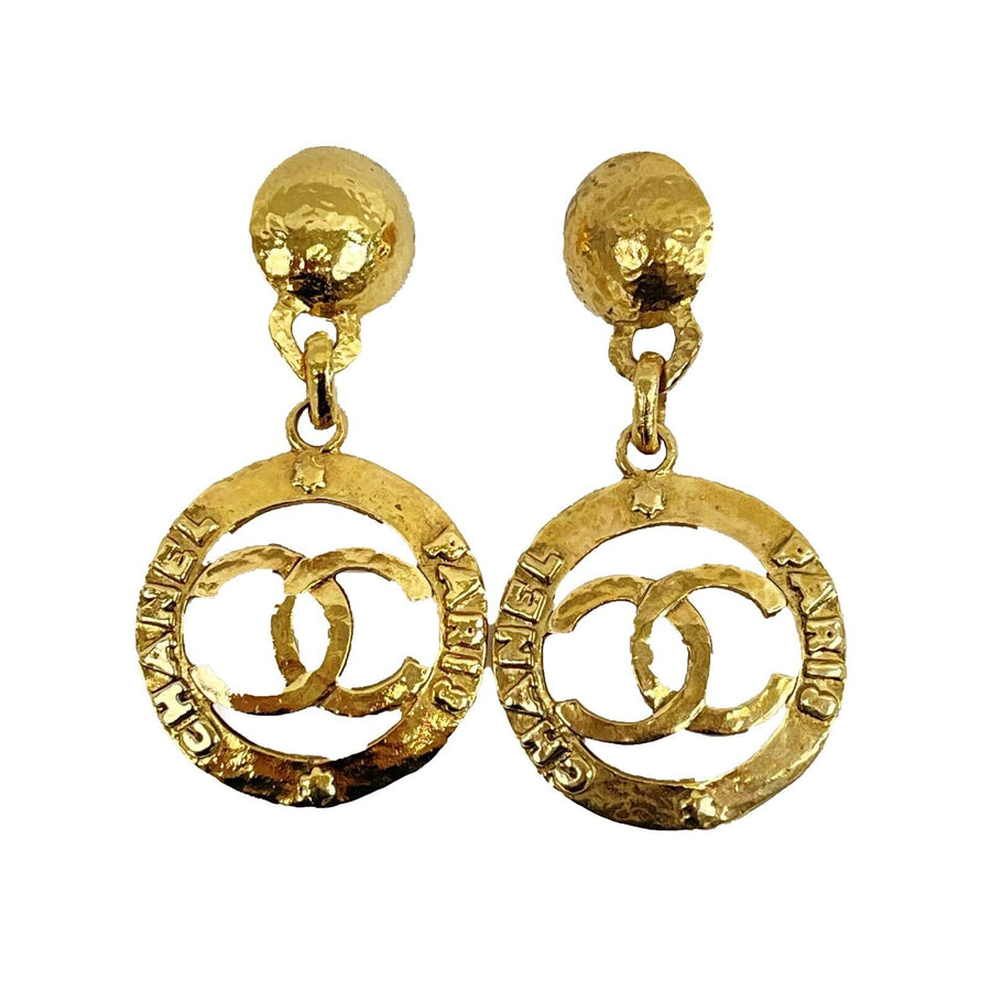 CHANEL - Vintage Earrings Coco Logo CC Circle Swing Gold Plated Clip On