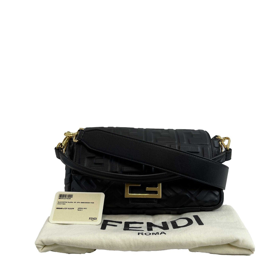 Fendi Baguette NM Zucca Embossed Leather Medium BlackHandbag