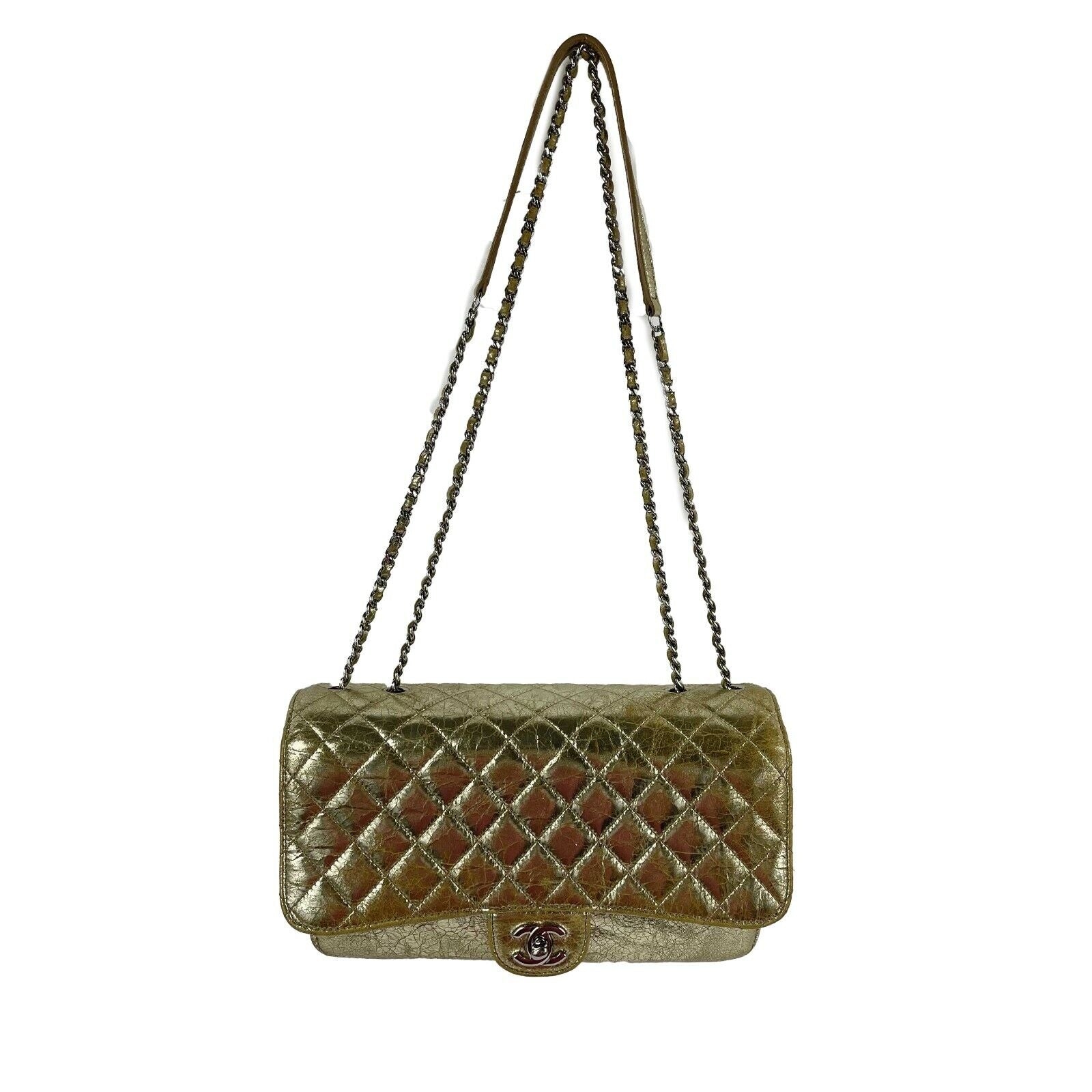 CHANEL Quilted Distressed Glazed Gold Leather Accordion Flap