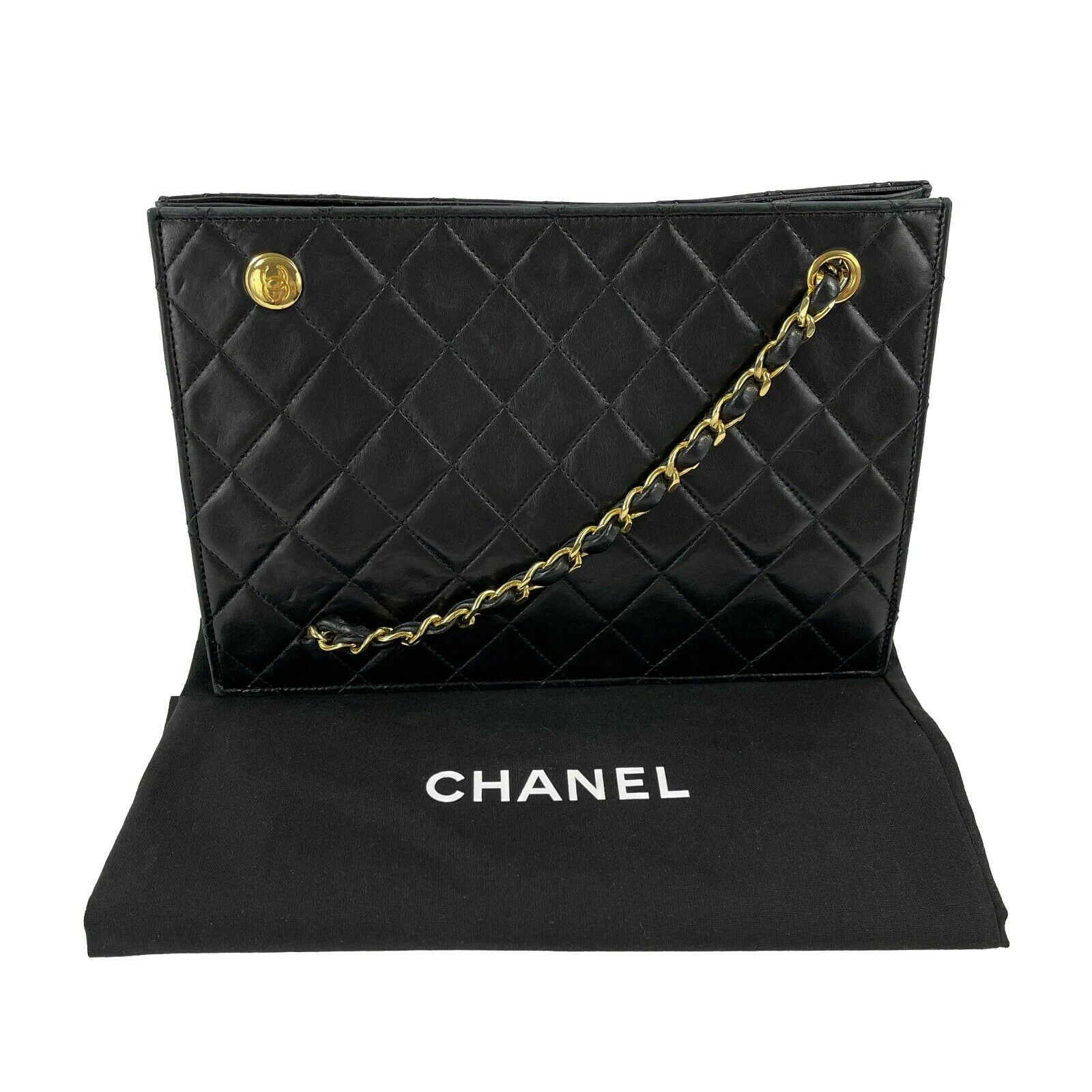 CHANEL - 80s Quilted Black / Gold Chain Threaded Small Lambskin Crossbody