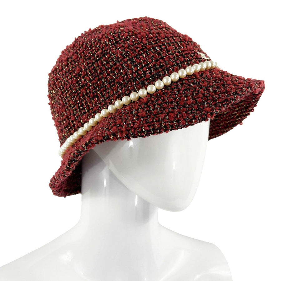 CHANEL - Tweed Boucle Bucket Hat - Pearls / Maroon / CC Logo - Size 57