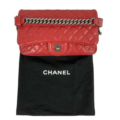 CHANEL - Red Crinkled Leather Boy Chain Flap Bag / Silver-Aged - Shoulder Bag