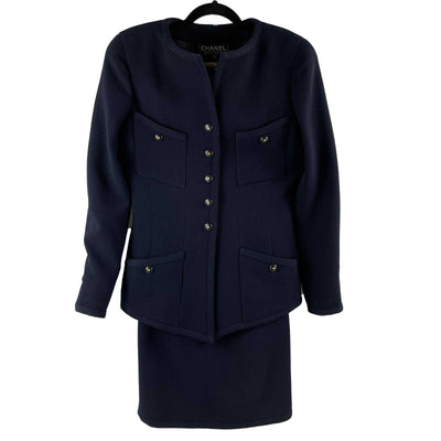 CHANEL - Vintage Navy Suit CC Buttons - Jacket / Skirt Set 40 US 8