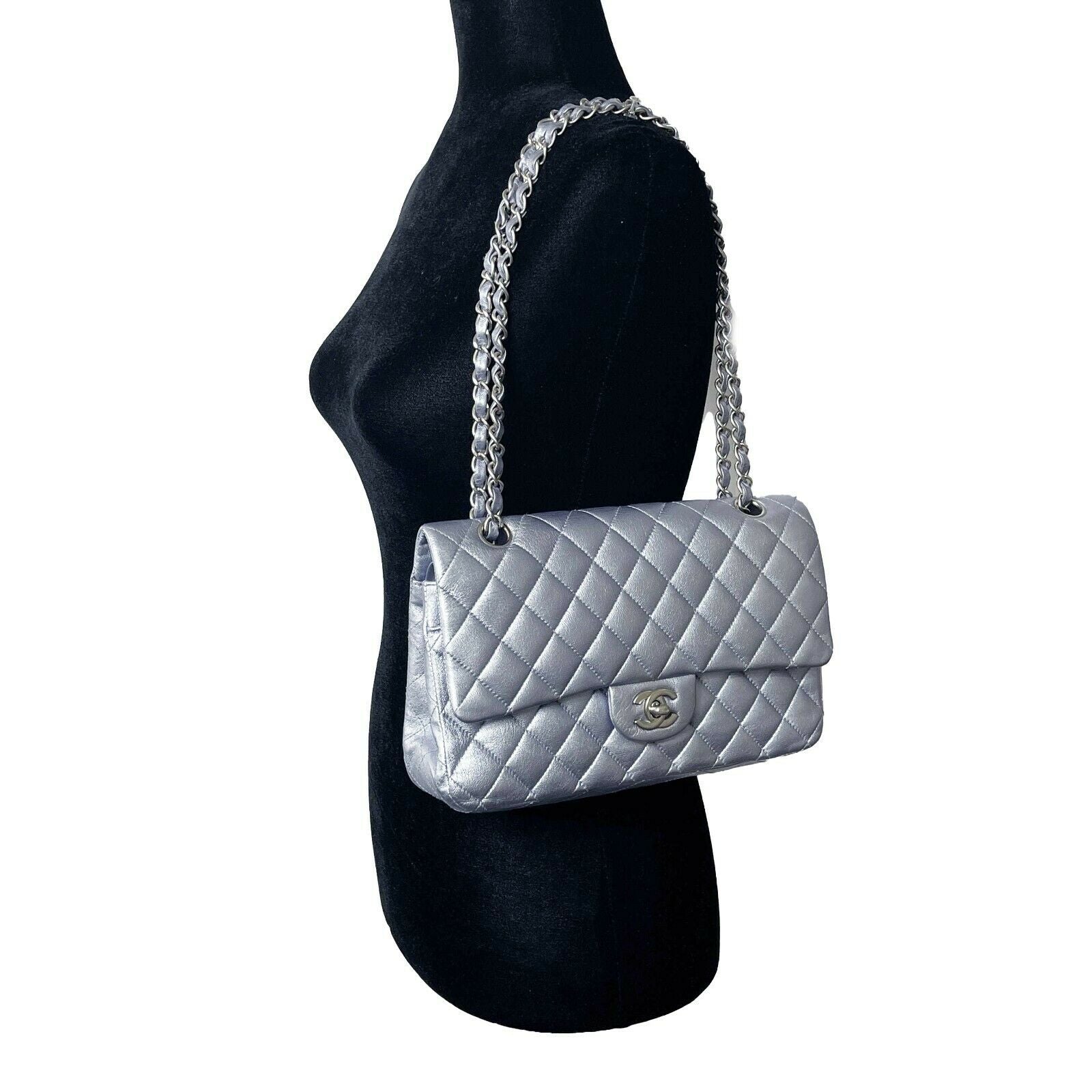 Chanel Classic M/L Medium Double Flap Black Lambskin Silver