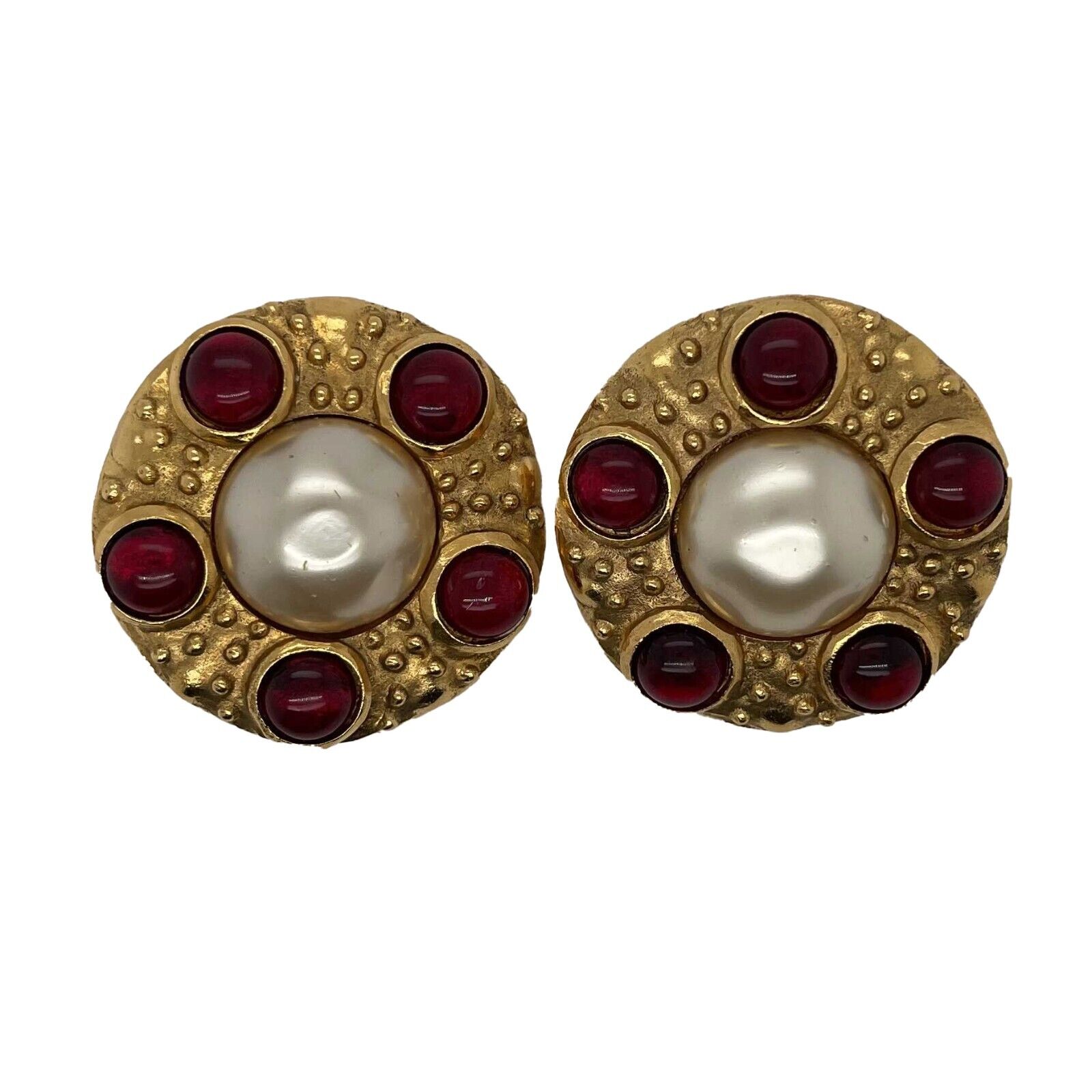 CHANEL - Vintage Collection 23 - Red Gripoix Red White Pearl Clip On  Earrings