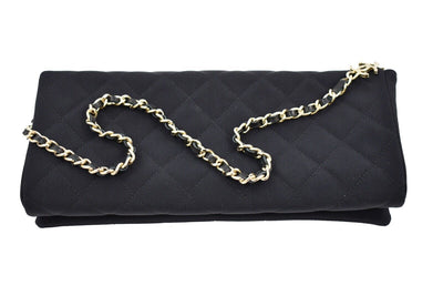 Chanel - Camellia Black Satin Pochette Bag - Gold Chain Strap Quilted