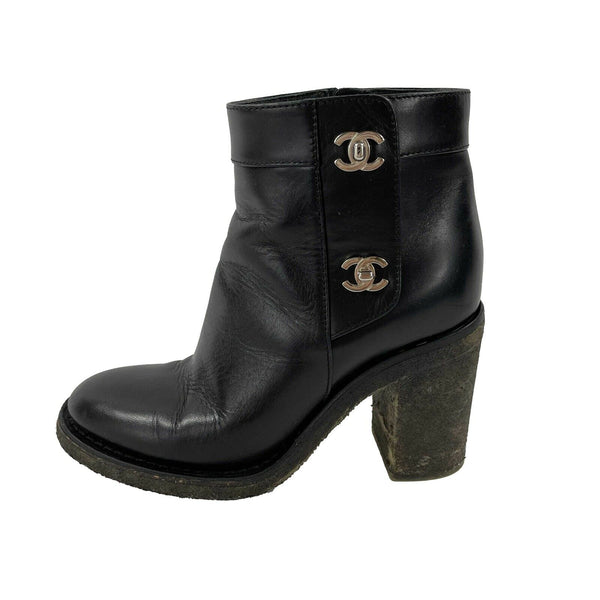 CHANEL - CC Turn Lock Ankle Leather Bootie Boots - Black / Silver - 36 US 6
