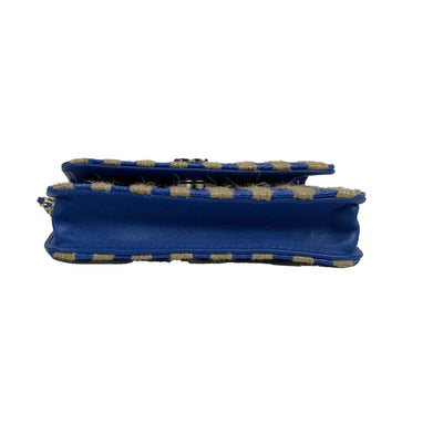 CHANEL - 2021 Raffia Jute Striped Belt Bag - Blue / Beige / Gold Hardware