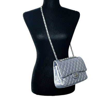 CHANEL - Classic Double Flap Metallic Silver CC Medium Leather Shoulder Bag