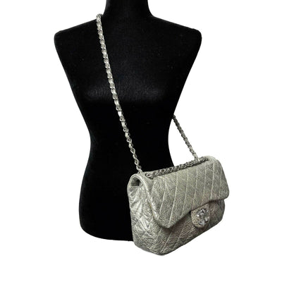 CHANEL - Silver Jumbo Icy Crinkled Leather Flap Bag - Shoulder Bag / Crossbody