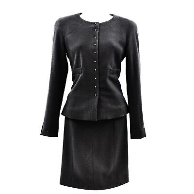 CHANEL - 2002 02A Pearl Button Skirt Suit - Black Blazer Set - CC Zip - 36 US 4