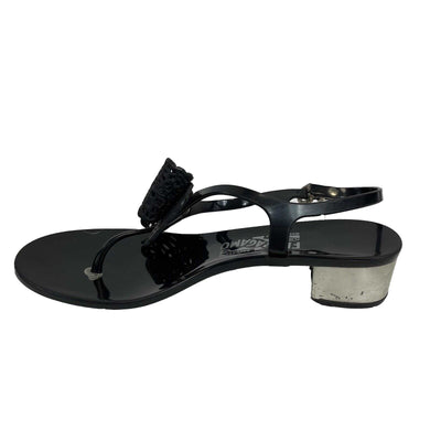 Salvatore Ferragamo - Rubber Strap Black Bow Block Heel Sandals - Size US 6