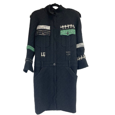 CHANEL - 09A Runway Black Tweed Boucle Coat Dress 40 US 8 - Black / Green