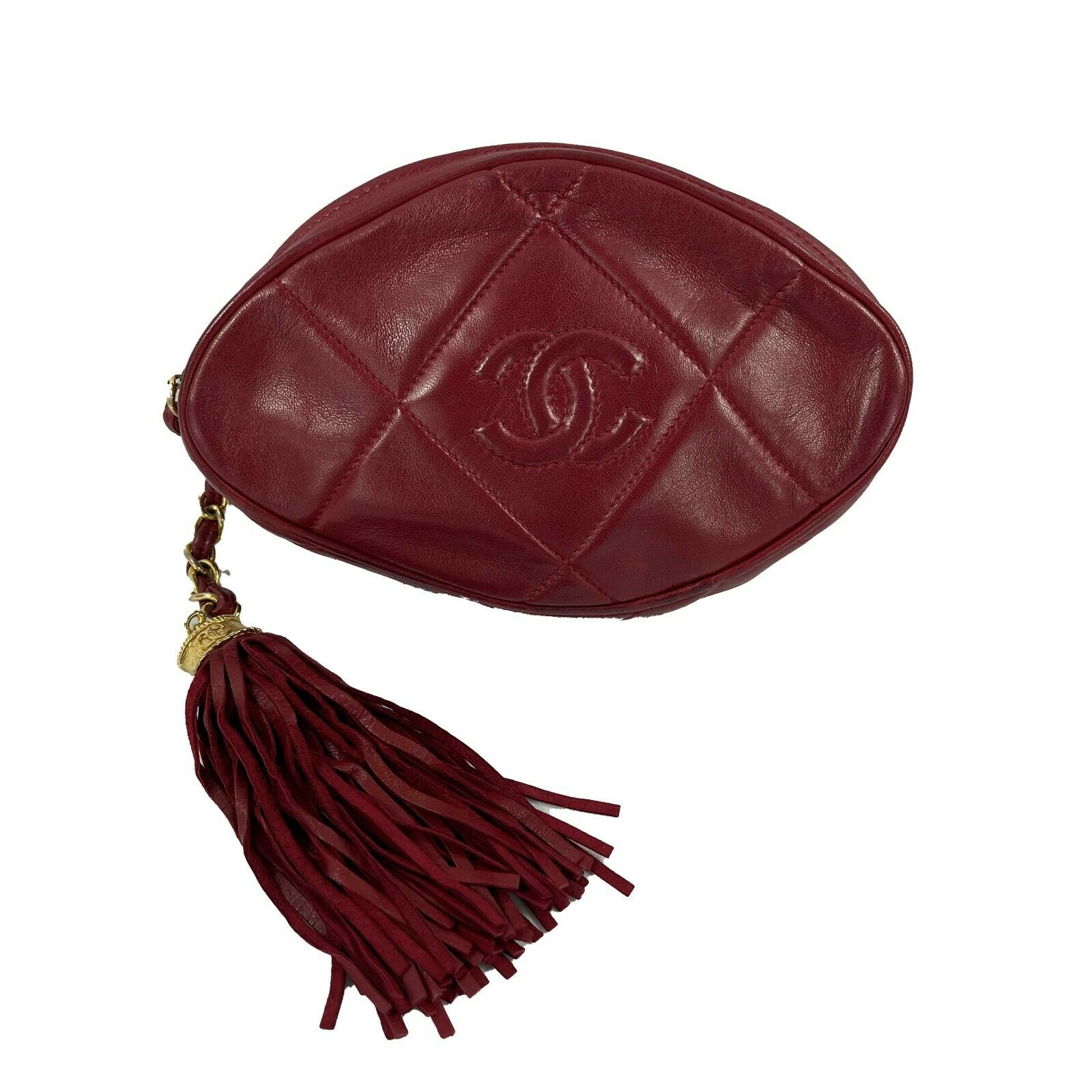 CHANEL - Vintage Quilted Leather CC Oval Red / Gold Tassel Clutch -  BougieHabit