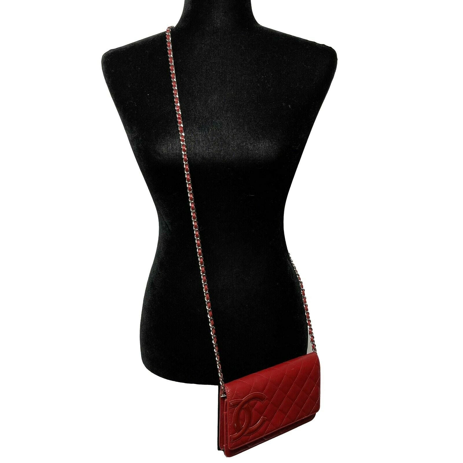CHANEL - Calfskin Quilted Cambon Red / Silver Wallet On Chain - Crossbody