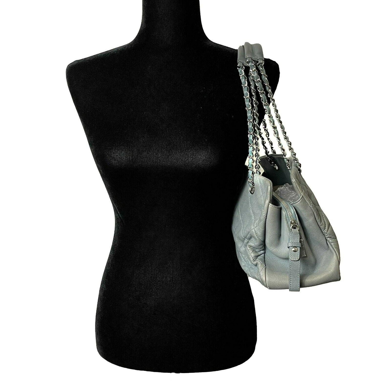 Chanel - Seafoam / Silver CC Caviar Medium Leather Shopping Tote / Shoulder Bag