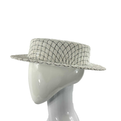 CHANEL - Quilted Fantasy Tweed CC Boater Hat - Black, White