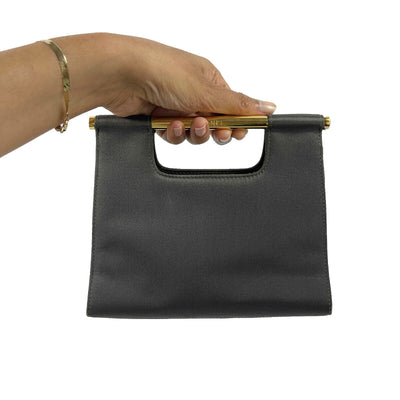 CHANEL - Vintage Satin / Leather Carry Clutch - Dark Grey / Gold Handbag