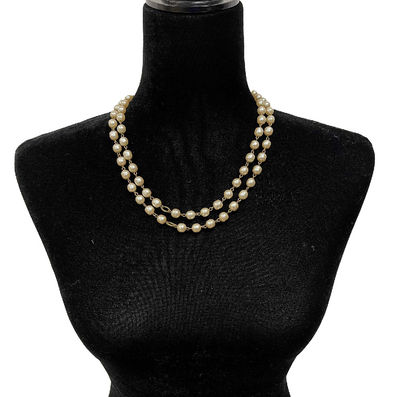 CHANEL - Vintage 1981 Pearl / Gold Long Chain Bead Layering Necklace